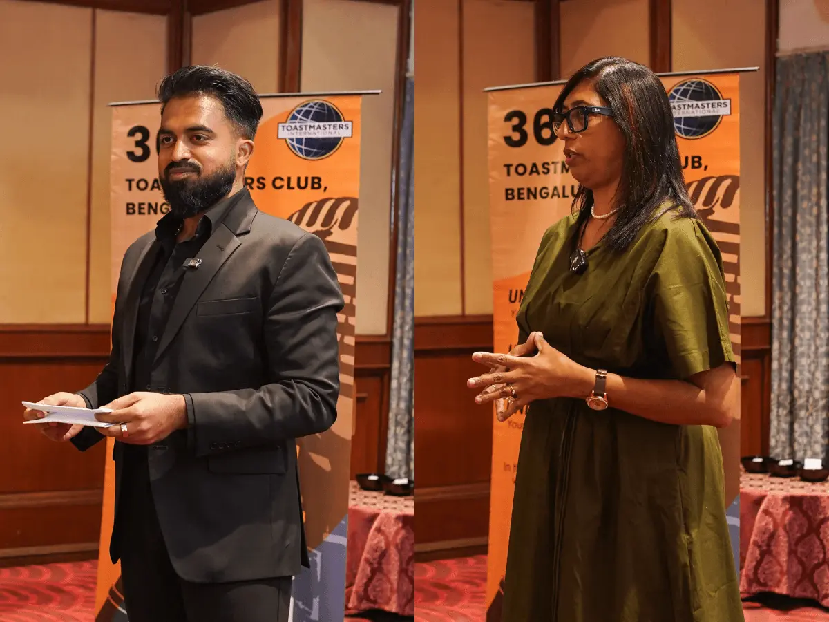 Toastmasters speakers delivering speeches on stage during a club meeting